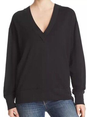 Rag & Bone V Neck Sweatshirt Size Large Women’s Black Flora Pullover Stretch